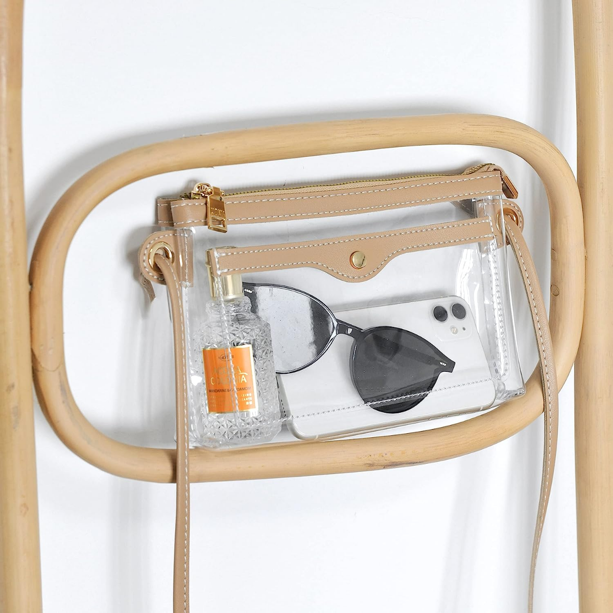 Women's Clear PVC Cross Body Bag Pocket Shoulder Bag with Vegan Leather Trim Transparent Zipper Purse Stadium Approved