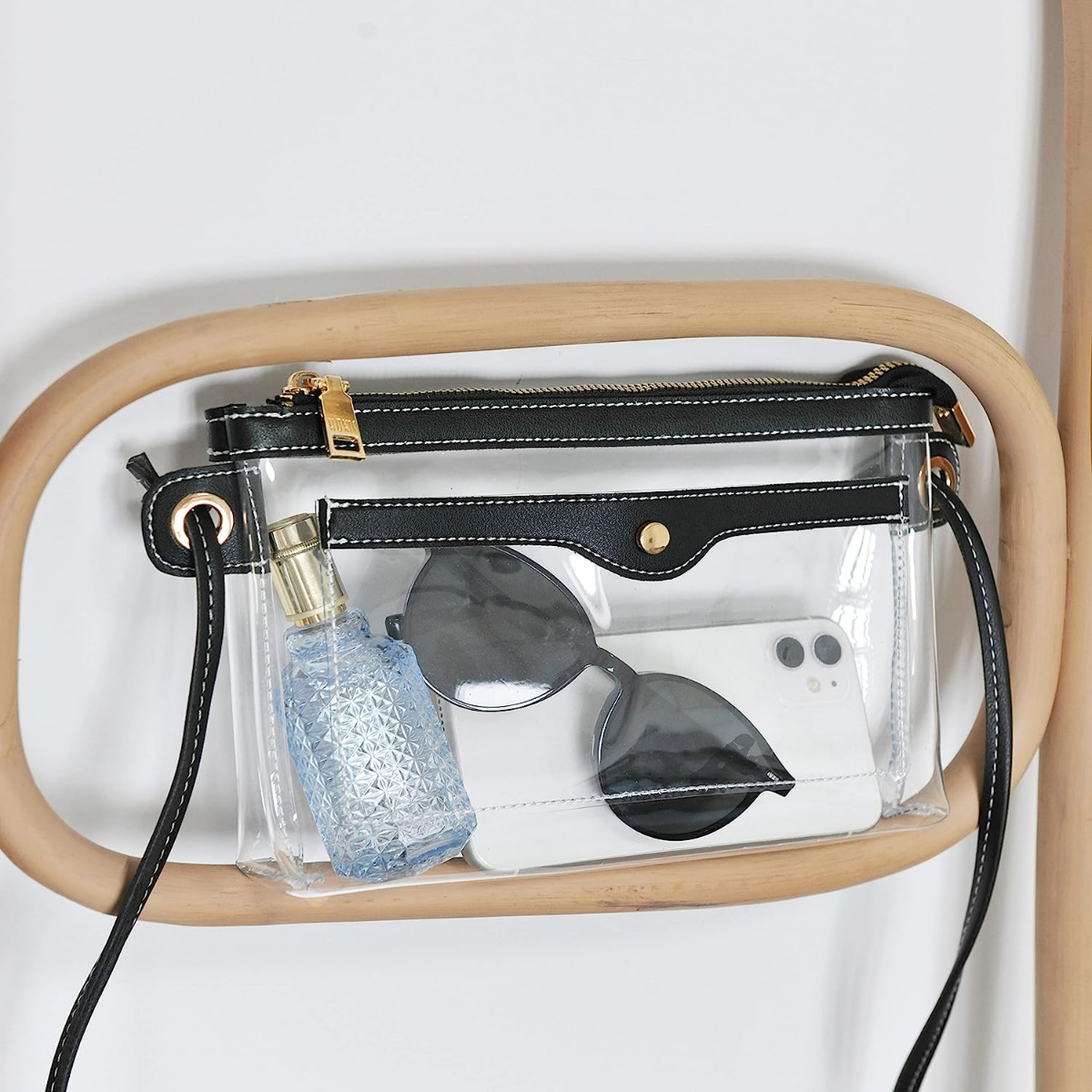 Women's Clear PVC Cross Body Bag Pocket Shoulder Bag with Vegan Leather Trim Transparent Zipper Purse Stadium Approved