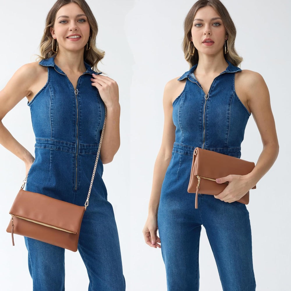 Women's Zipper Foldover Clutch Vegan Leather Envelope Cross body Bag with Chain Strap