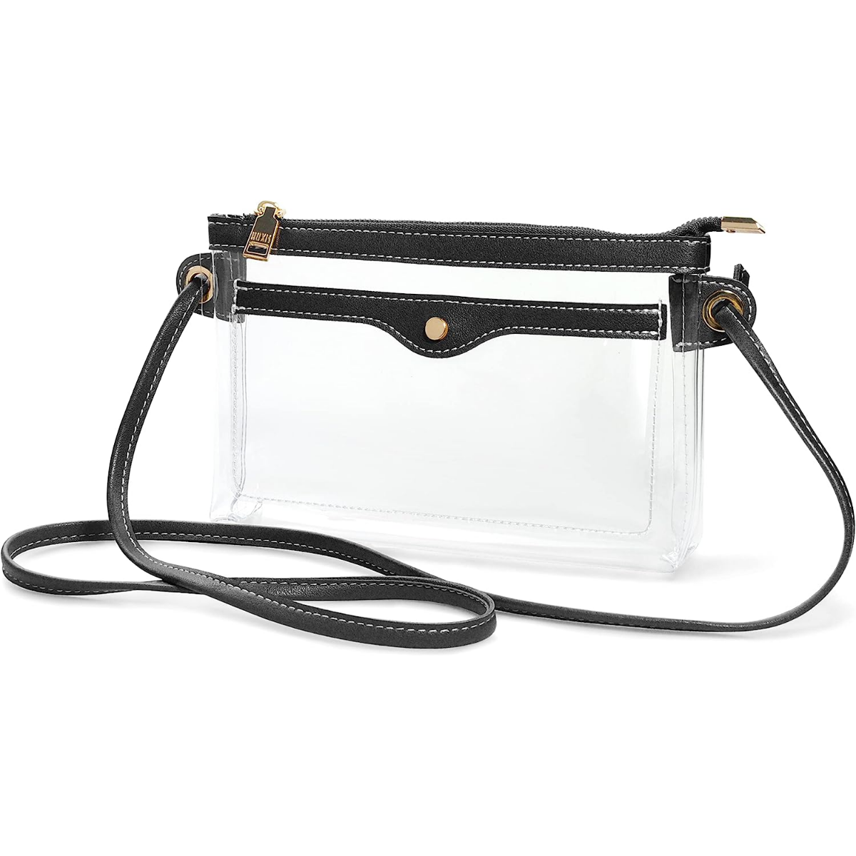 Women's Clear PVC Cross Body Bag Pocket Shoulder Bag with Vegan Leather Trim Transparent Zipper Purse Stadium Approved