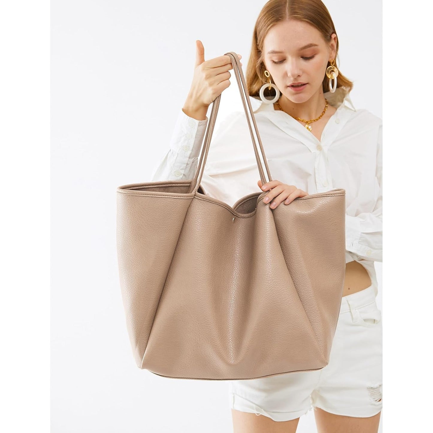 Oversized Vegan Leather Tote Women's Travel Bag - Nude