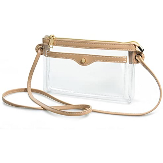 Women's Clear PVC Cross Body Bag Pocket Shoulder Bag with Vegan Leather Trim Transparent Zipper Purse Stadium Approved