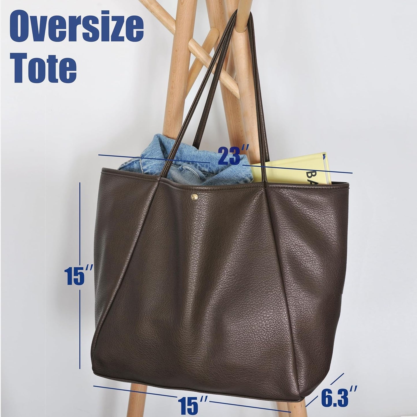 Oversized Vegan Leather Tote Women's Travel Bag - Coffee