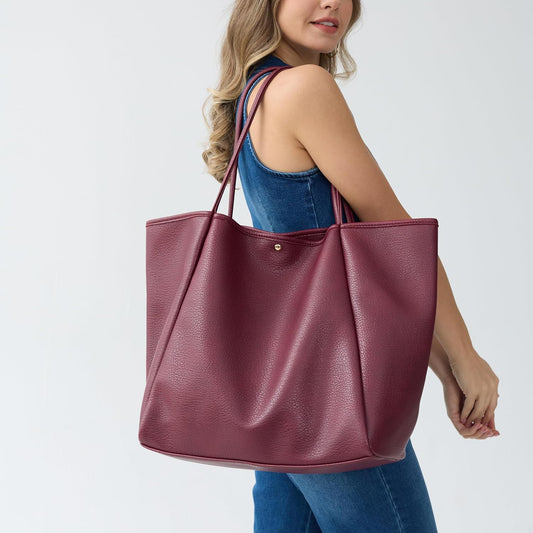 Oversized Vegan Leather Tote Women's Travel Bag - Dark Red