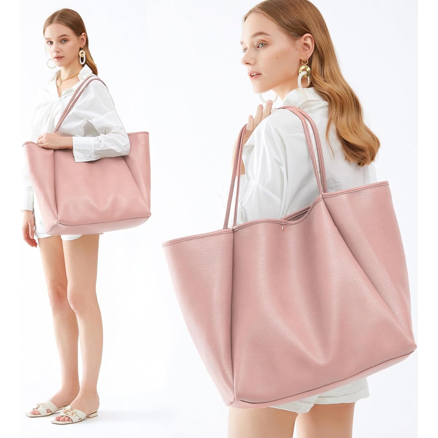 Oversized Vegan Leather Tote Women's Travel Bag - Pink