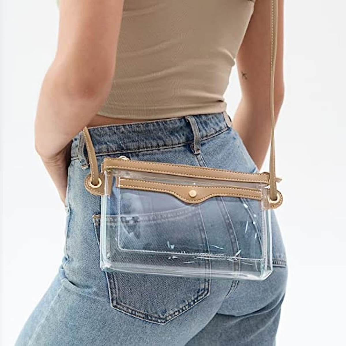 Women's Clear PVC Cross Body Bag Pocket Shoulder Bag with Vegan Leather Trim Transparent Zipper Purse Stadium Approved