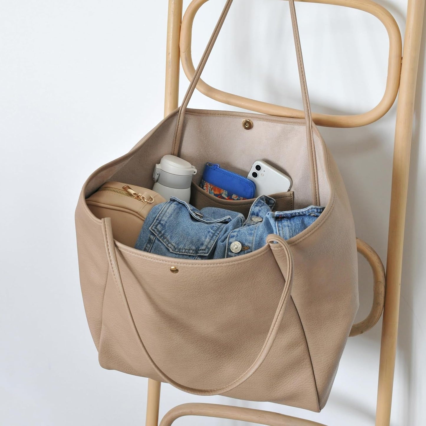 Oversized Vegan Leather Tote Women's Travel Bag - Nude