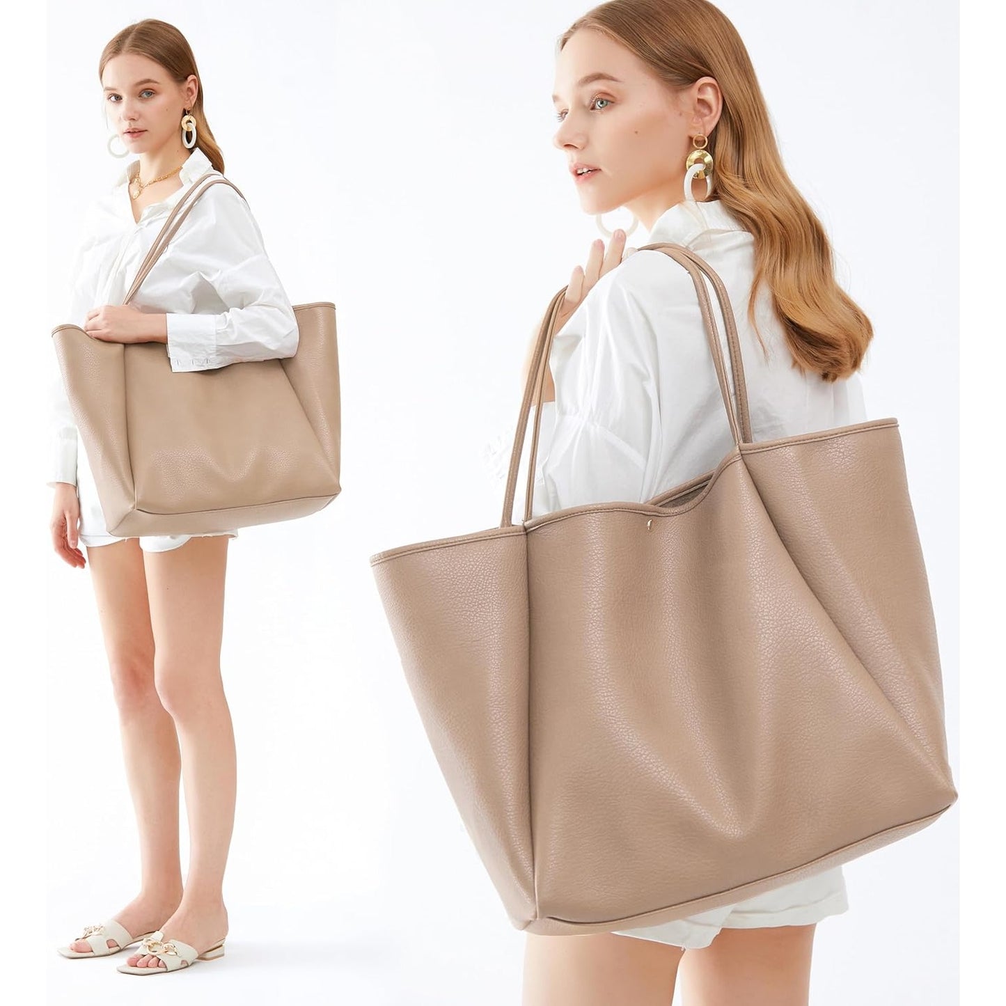 Oversized Vegan Leather Tote Women's Travel Bag - Nude