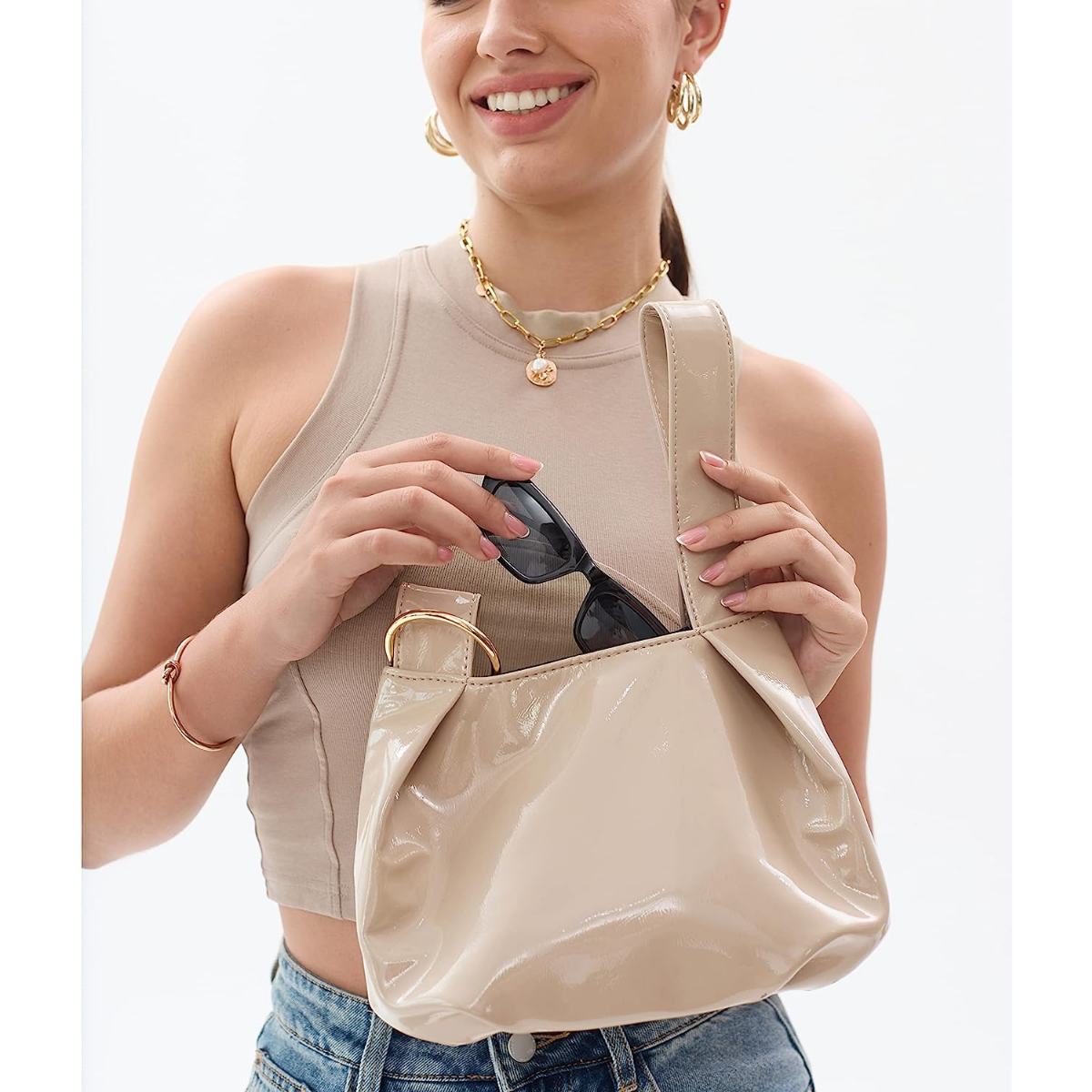 Women's Glossy Clutch Patent Vegan Leather Hobo Top Handle Bag Small Tote