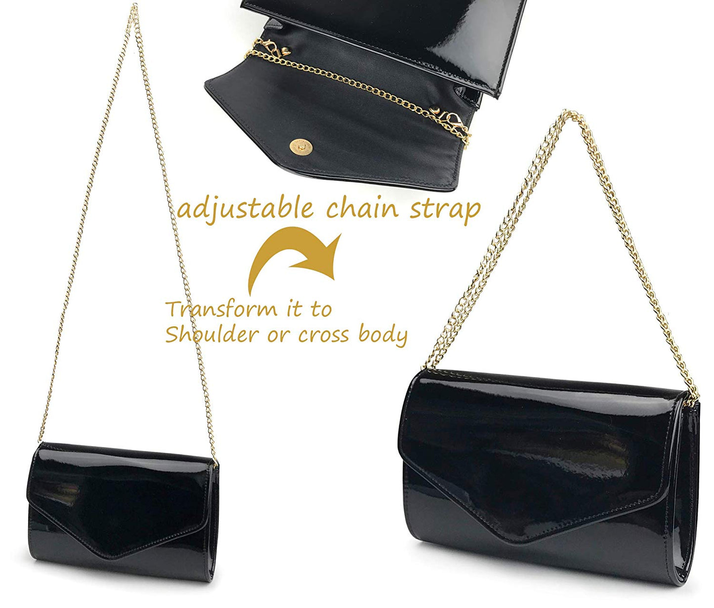 Glossy Envelope Evening Clutch Faux Patent Leather Women Chain Shoulder Bag Solid Color Purse - Hoxis Bags