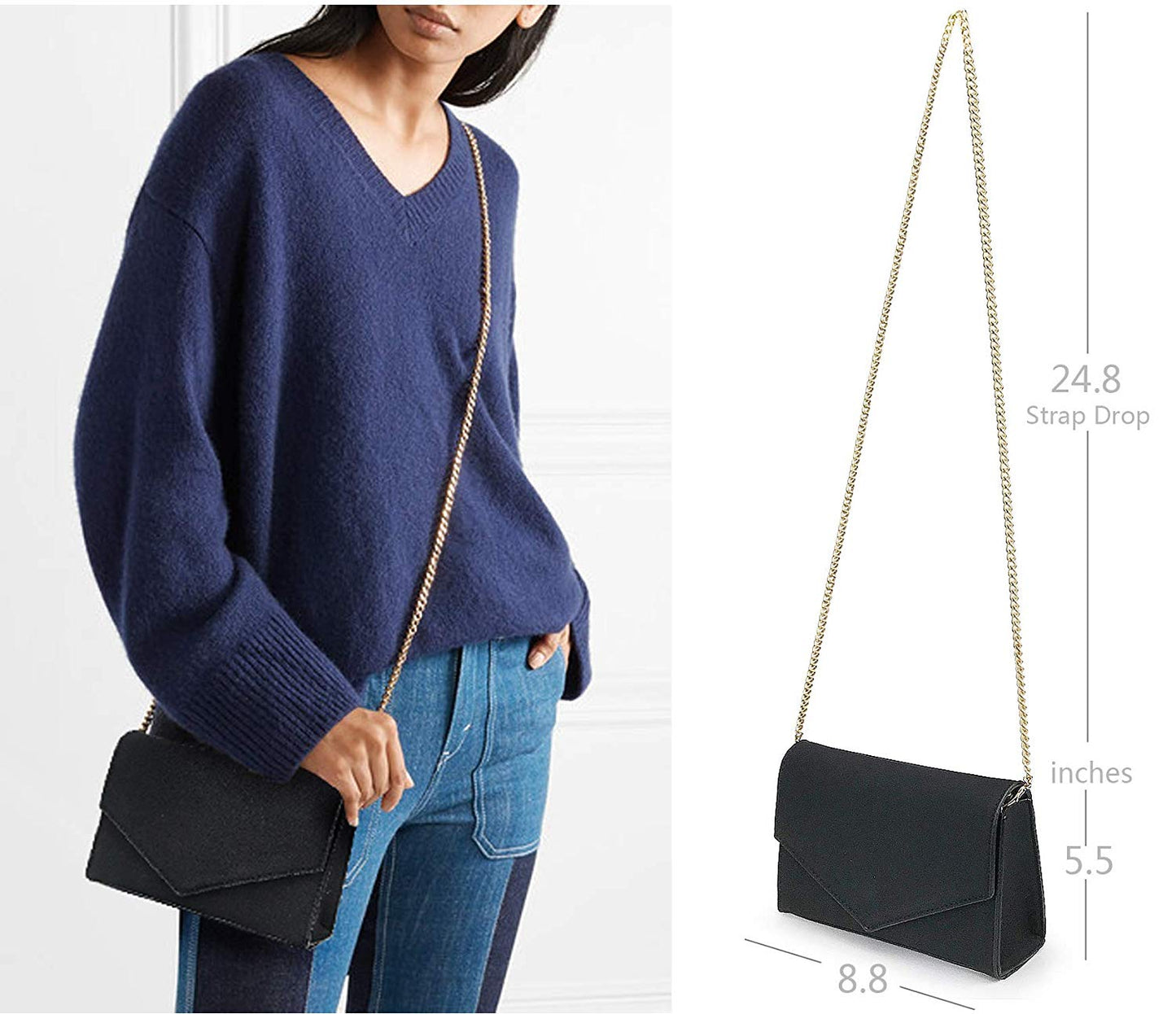 Minimalist Evening Envelope Clutch Chain Shoulder Bag Women Faux Leather Suede Purse - Hoxis Bags