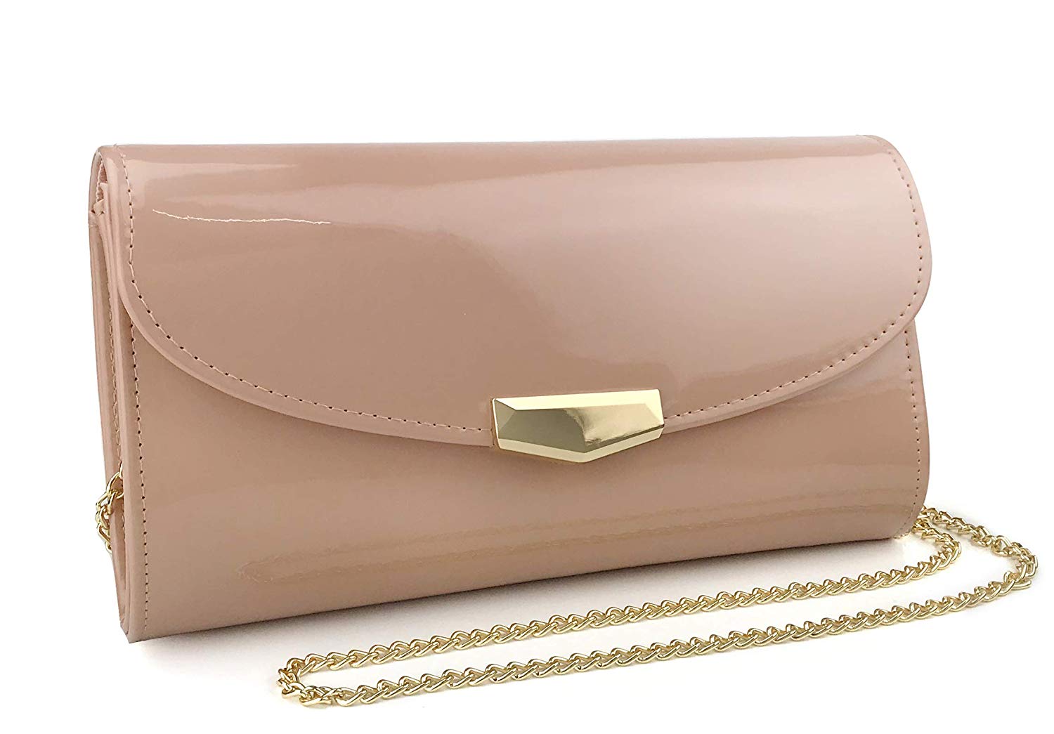 Women Glossy Evening Clutch Faux Patent Leather Chain Shoulder Bag Large Capacity Purse - Hoxis Bags