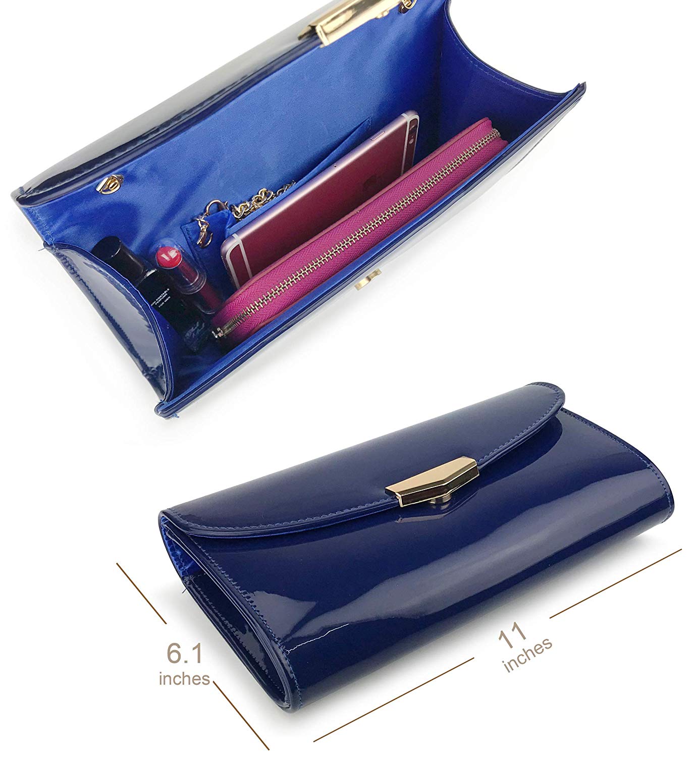 Women Glossy Evening Clutch Faux Patent Leather Chain Shoulder Bag Large Capacity Purse - Hoxis Bags