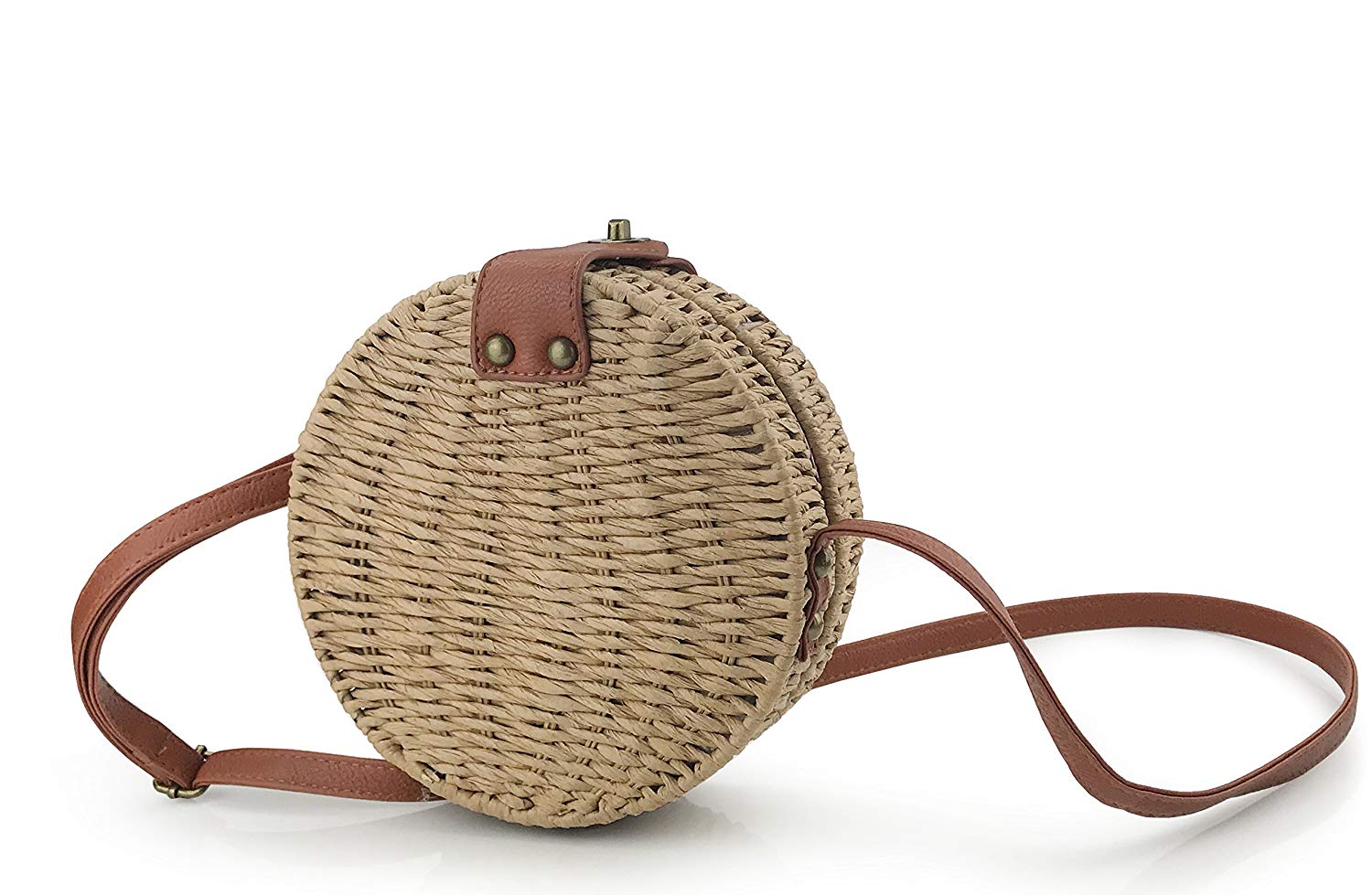 Round Straw Handwoven Shoulder Bag Women Cross body Bag for Summer Holiday - Hoxis Bags
