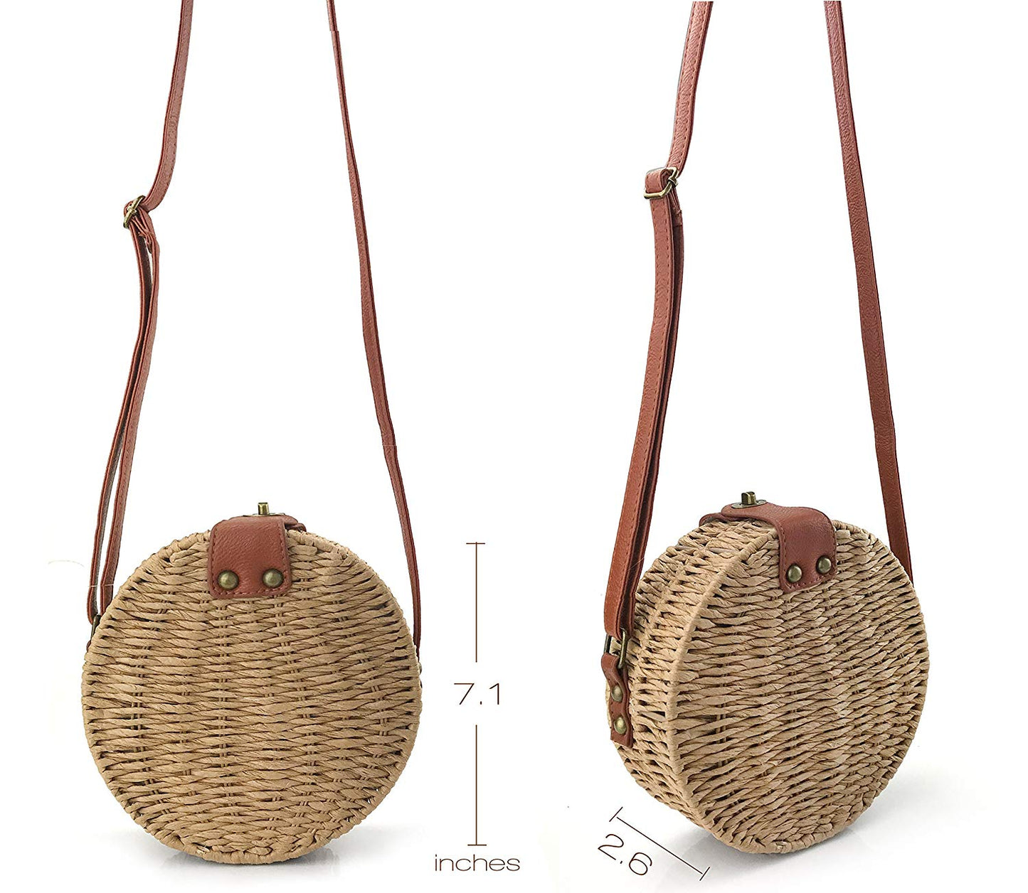 Round Straw Handwoven Shoulder Bag Women Cross body Bag for Summer Holiday - Hoxis Bags