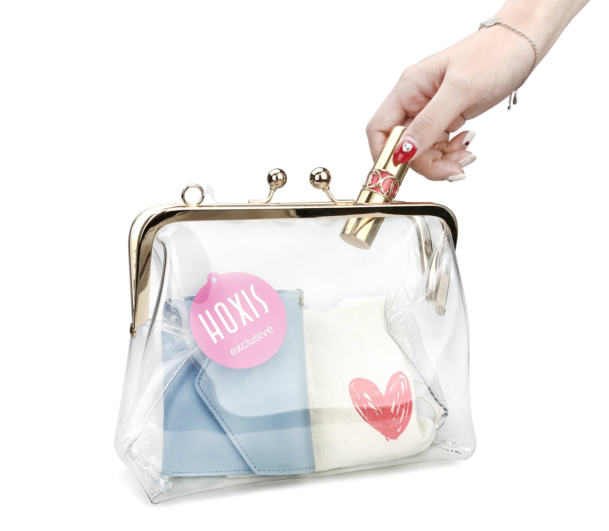 Clear Transparent PVC Kiss Lock Chain Cross Body Bag Womens Clutch - Hoxis Bags