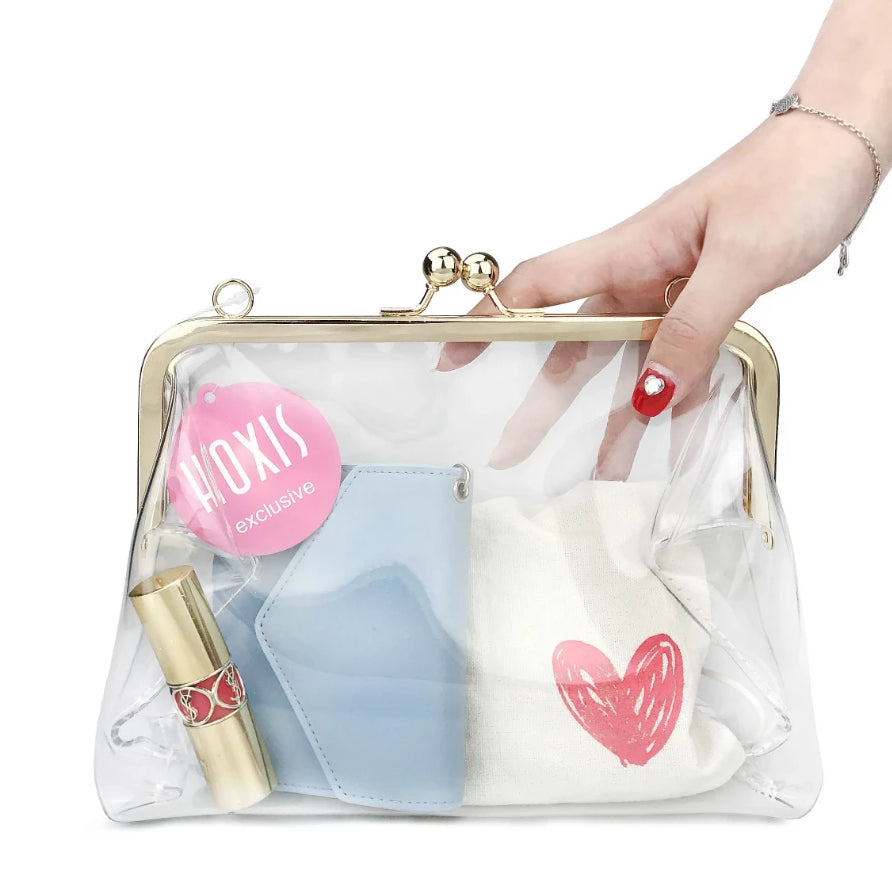 Clear Transparent PVC Kiss Lock Chain Cross Body Bag Womens Clutch - Hoxis Bags