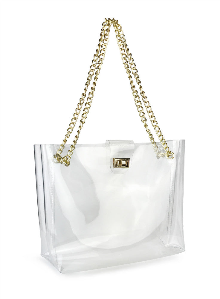 Multifunction Clear Chain Tote with Turn Lock Womens Shoulder Handbag