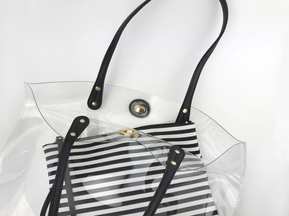 PVC Clear Womens Tote With Striped Zipper Clutch - Hoxis Bags