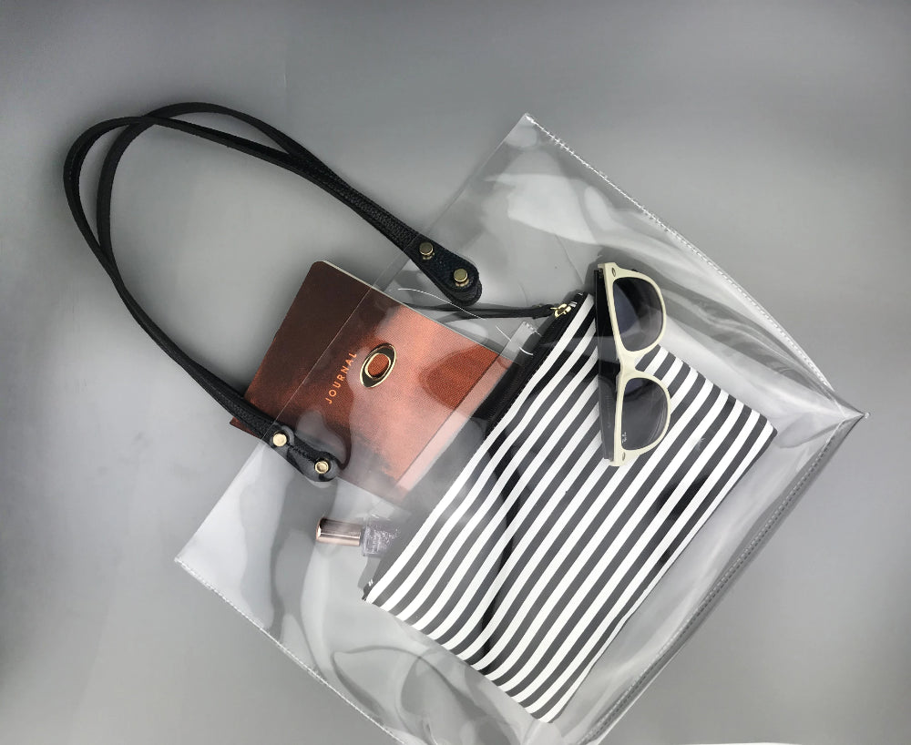 PVC Clear Womens Tote With Striped Zipper Clutch - Hoxis Bags