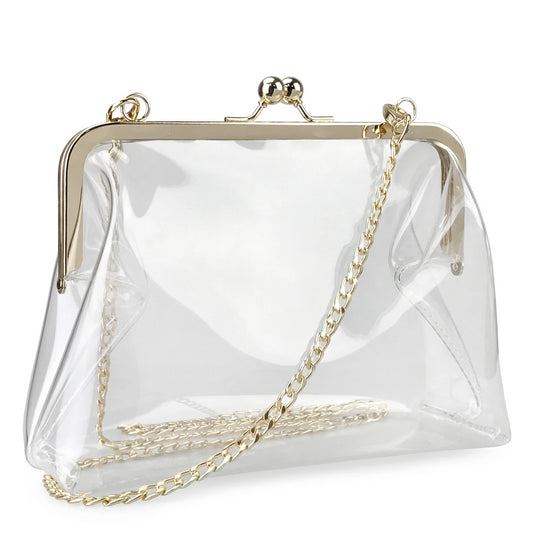 Clear Transparent PVC Kiss Lock Chain Cross Body Bag Womens Clutch - Hoxis Bags