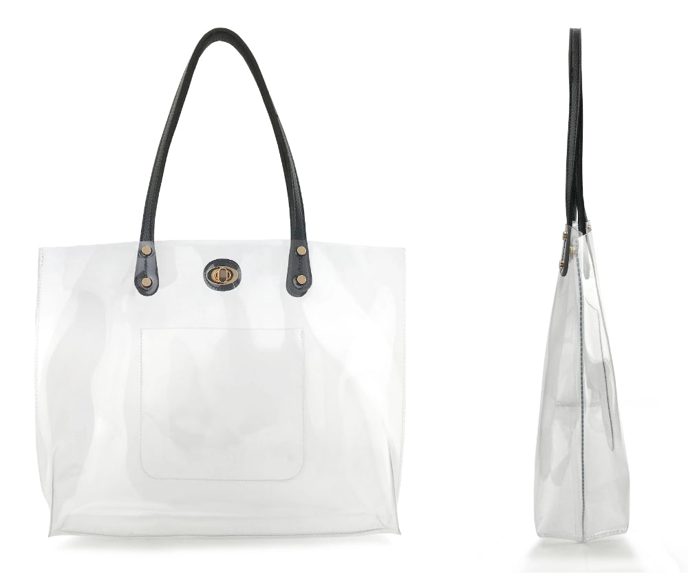 PVC Clear Womens Tote With Striped Zipper Clutch - Hoxis Bags