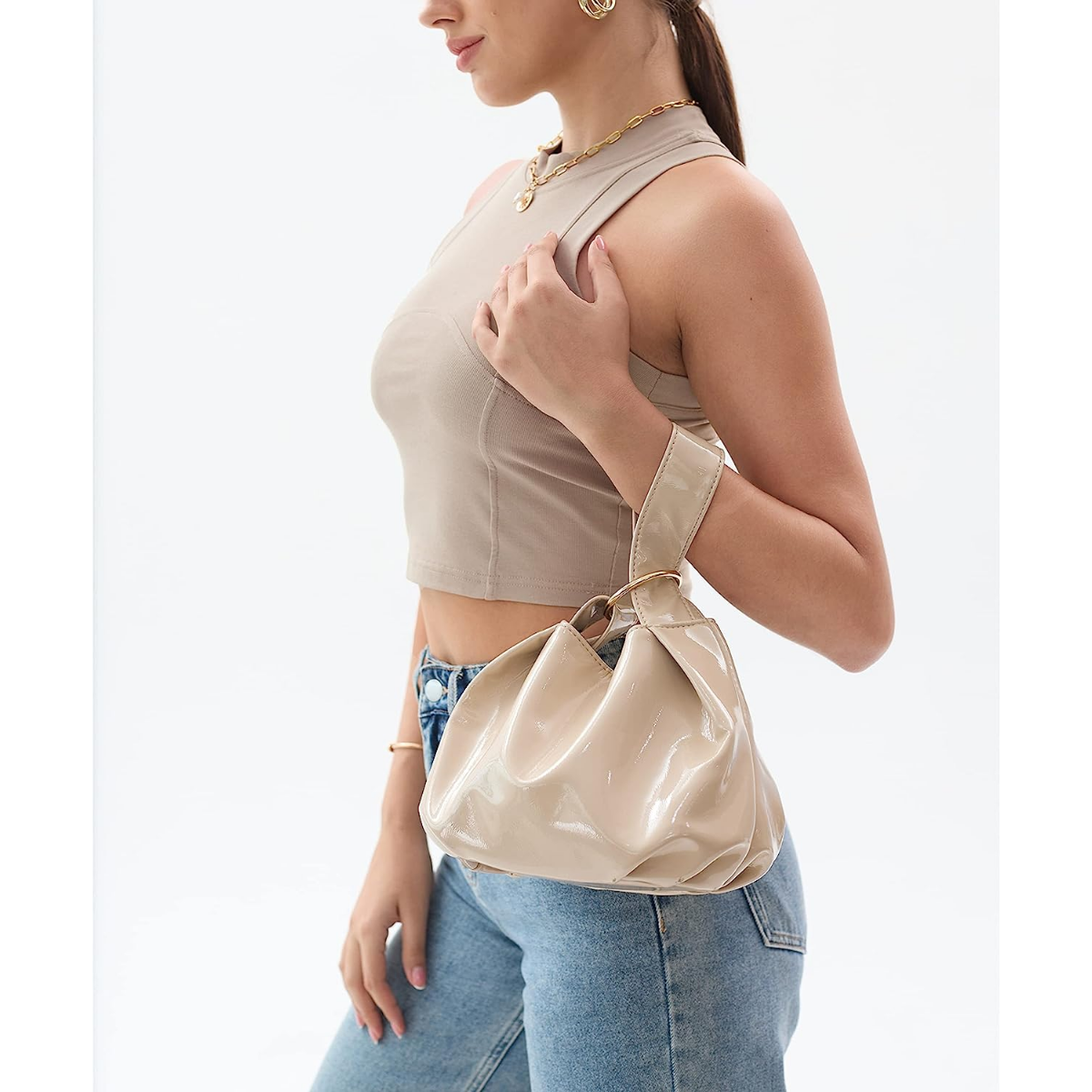 Women's Glossy Clutch Patent Vegan Leather Hobo Top Handle Bag Small Tote