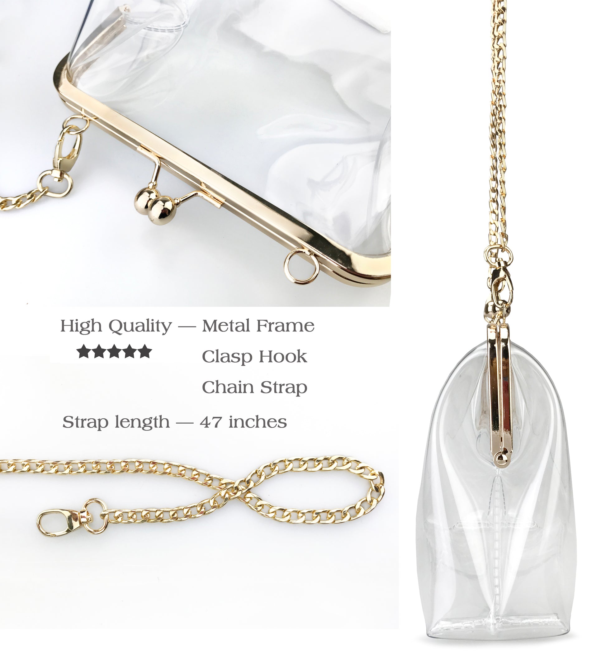 Clear Transparent PVC Kiss Lock Chain Cross Body Bag Womens Clutch
